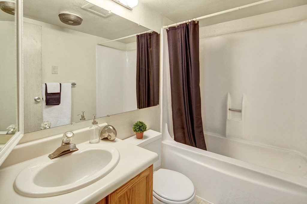 Compact bathroom Terrace on the Lake Apartments with beige walls features a white sink, wooden cabinet, brown shower curtain, and small green plant. Mood is tidy and simple.