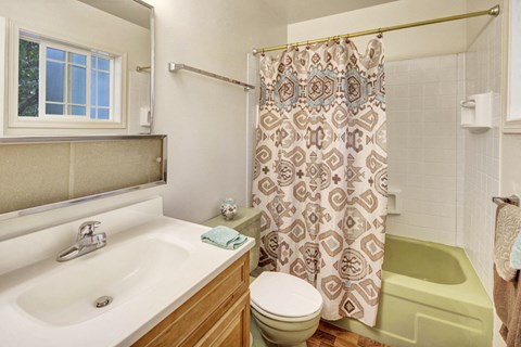 Bright bathroom here at the Village at Calais Apartments with wooden vanity, white sink, and a large mirror. Features a green bathtub, patterned shower curtain, and window providing natural light.