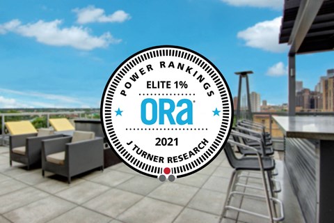 A rooftop patio with chairs and a logo that says "Elite 1% Power Rankings 2021".
