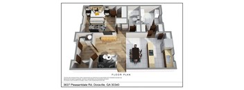 A floor plan of a house with a living room, dining room, kitchen, and two bedrooms.