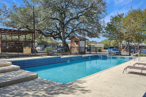 A pool surrounded by trees and a fence.