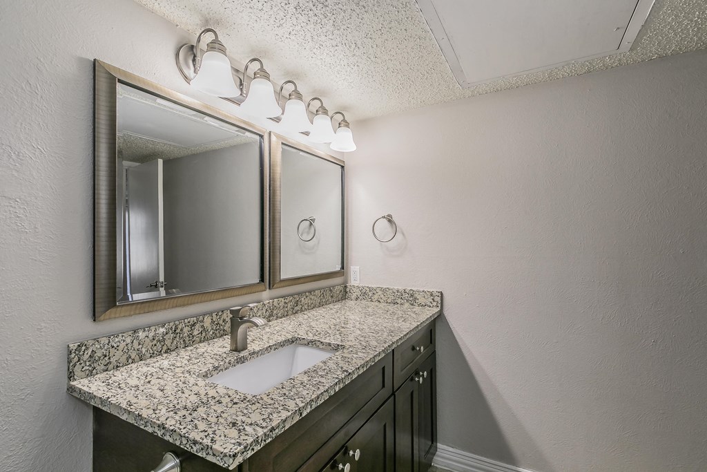 Bathroom vanity with modern lighting and mirror