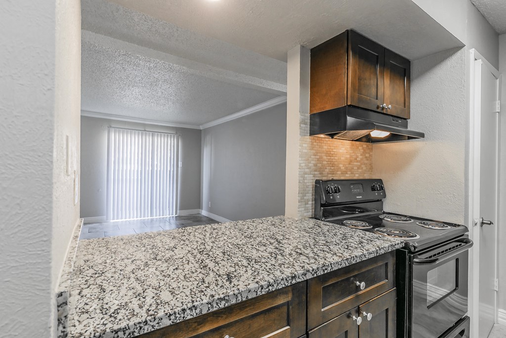 Apartment kitchen featuring upgraded appliances and lighting