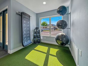 A room with a green carpet and a black exercise ball.