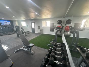 a gym with weights and other equipment in a building