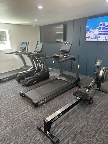 a gym with exercise equipment and a tv in a room