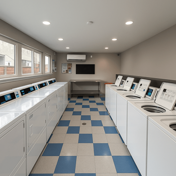 A laundromat with rows of washers and dryers.