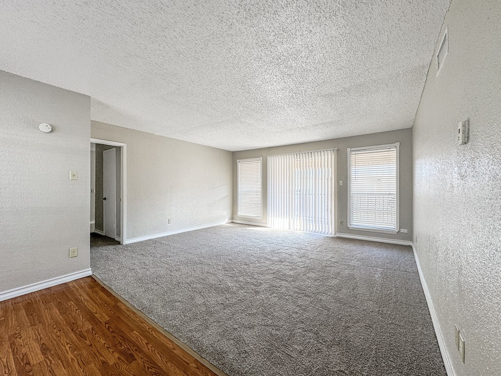 Carpeted living room with sliding glass doors – Borders Apartments Brownsville TX