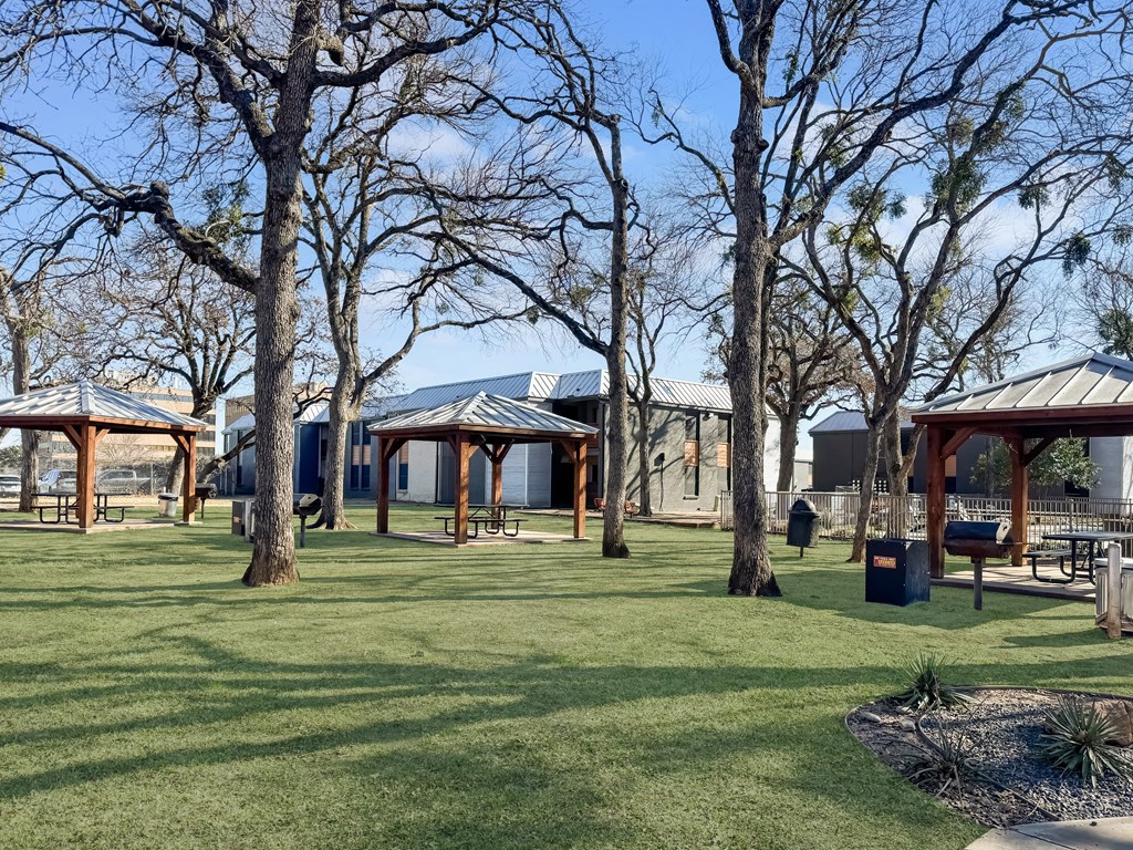 Landscaped courtyard and green lawn at Verano Oaks Apartments