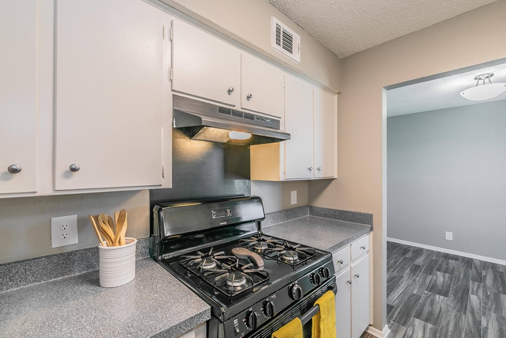 Kitchen with gas range and refrigerator at Davis Park Apartments in North Richland Hills TX