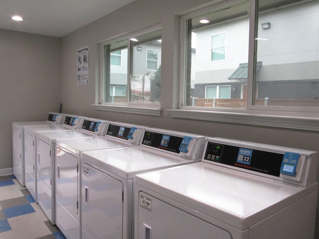 a row of washers and dryers in a laundry room