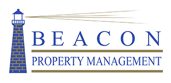 The image is a logo for Beacon Property Management at Raintree Apartments, CA 92346