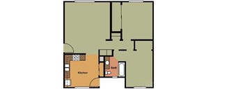 A floor plan of a house with a kitchen, bathroom, and living room.