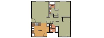 A floor plan of a house with a kitchen, two bathrooms, and a living room.