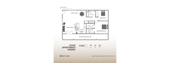 A floor plan of an apartment with a living room, dining area, kitchen, and two bedrooms.