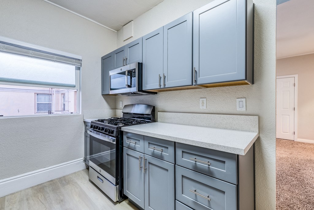 a kitchen with gray cabinets and stainless steel appliances