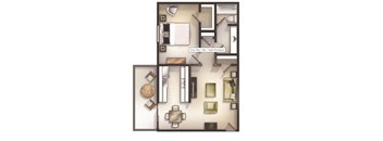 A drawing of a floor plan for a 1 bedroom, 1 bathroom apartment.