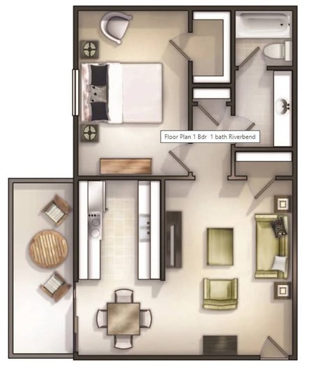 A drawing of a floor plan for a 1 bedroom, 1 bathroom apartment.