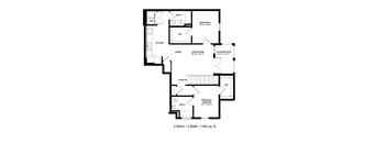 A floor plan of a two bedroom, two bathroom apartment.