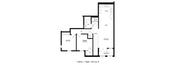 A floor plan of a 2 bedroom, 1 bath house with a living room and a dining room.