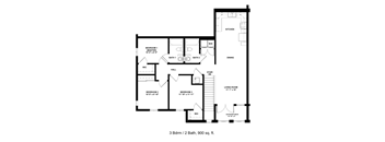 A floor plan of a 3 bedroom, 2 bathroom home with a living room and kitchen.