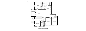 A black and white floor plan of a two-bedroom, two-bathroom apartment.