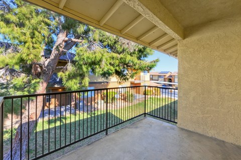 A balcony with a black railing and a view of a backyard with a tree and a pool.