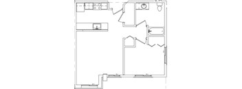 A floor plan of a house with a kitchen, living room, and bathroom.