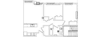 A floor plan of a house with a kitchen, living room, and bathroom.