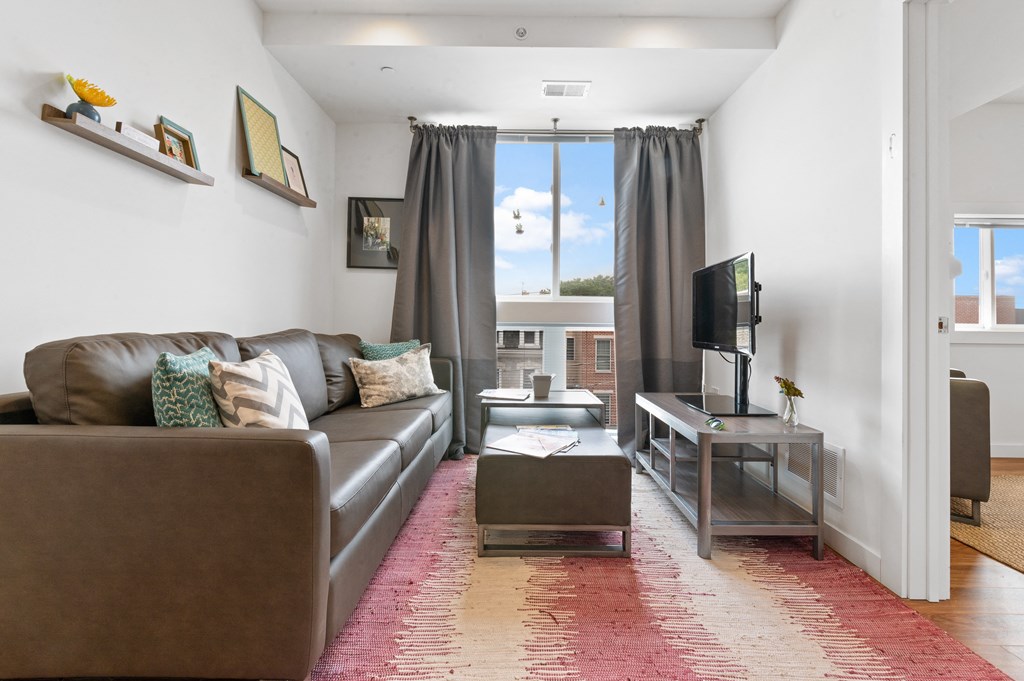 Student apartment furnished with grey couch, coffee table, and a flatscreen tv next to large window