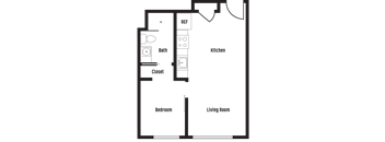A floor plan of a house with a bedroom, living room, kitchen, bathroom, and closet.