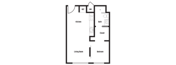 A floor plan of a house with a kitchen, living room, bedroom, bathroom, and closet.