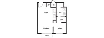 A floor plan of a house with a kitchen, living room, bedroom, bathroom, and closet.