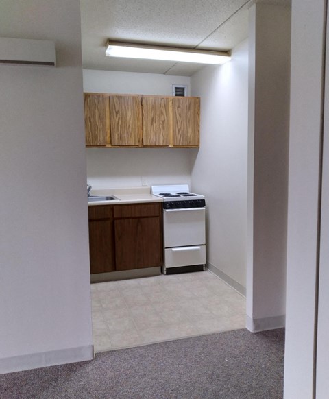 A small kitchen area with a stove and cabinets.