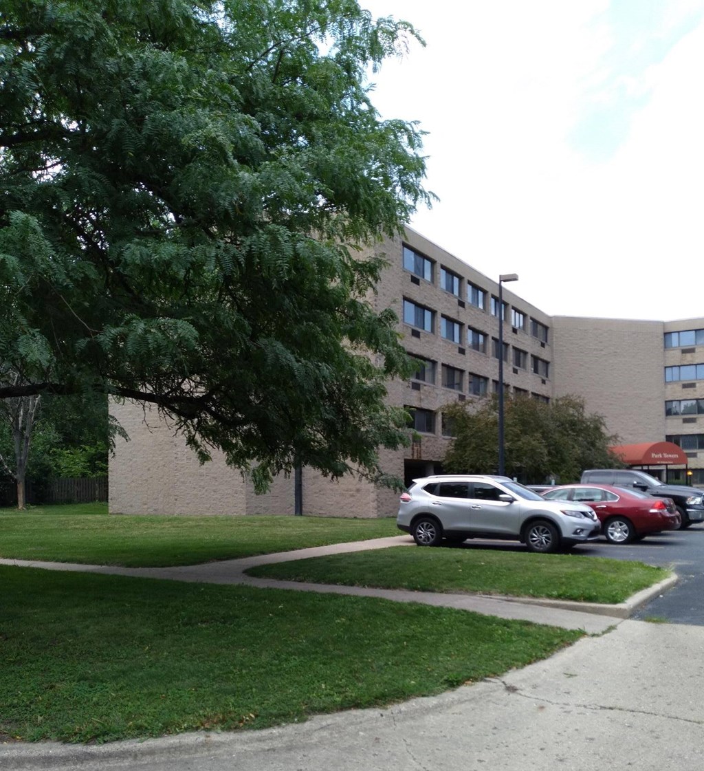 a view of the building from the parking lot