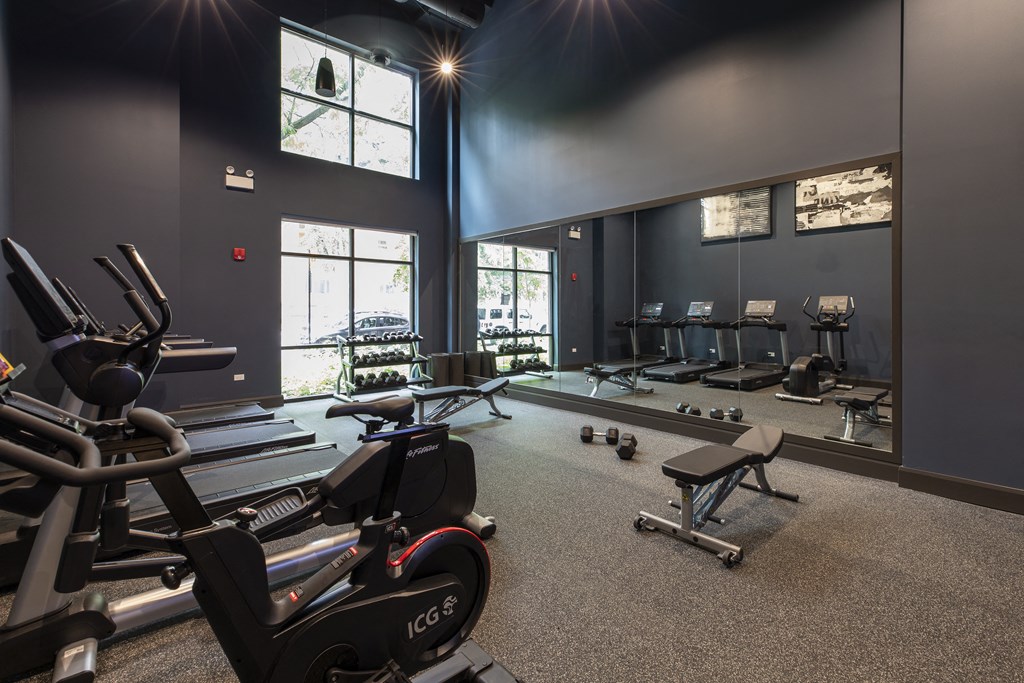 a gym with treadmills and other exercise equipment and windows