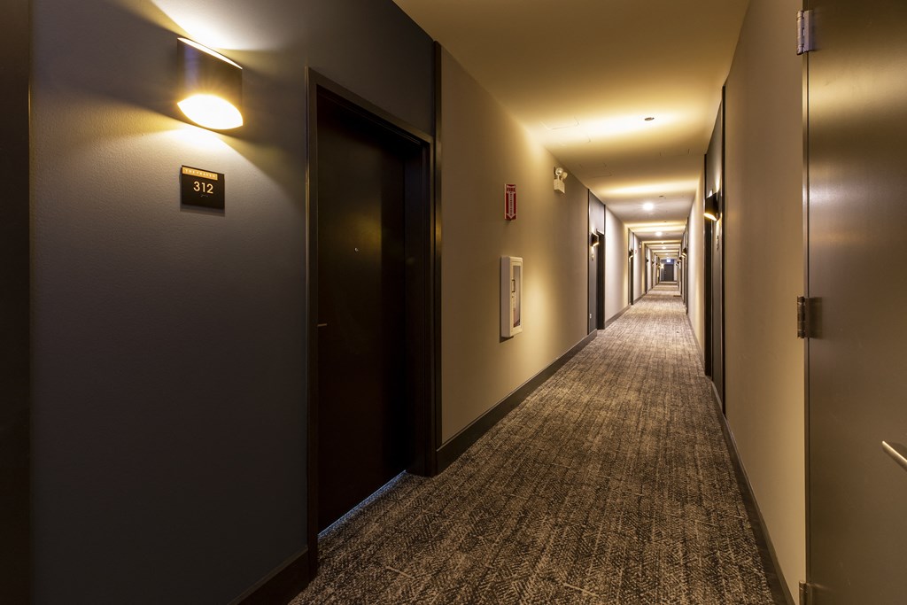 a long hallway with elevators and doors and a carpeted floor