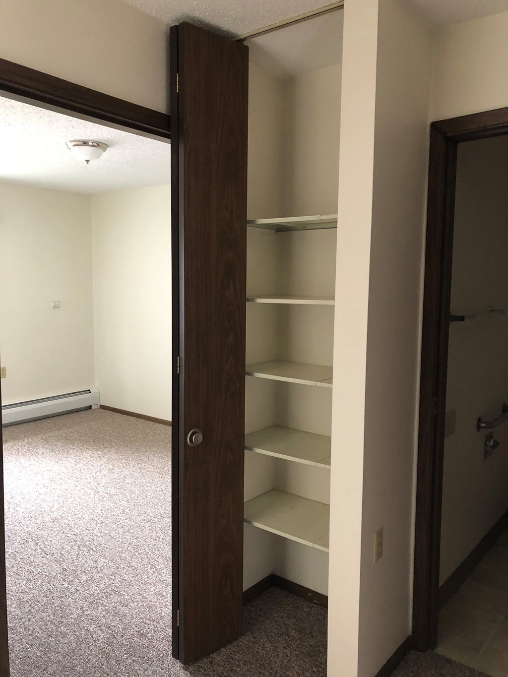 A room with a white wall and a brown door.