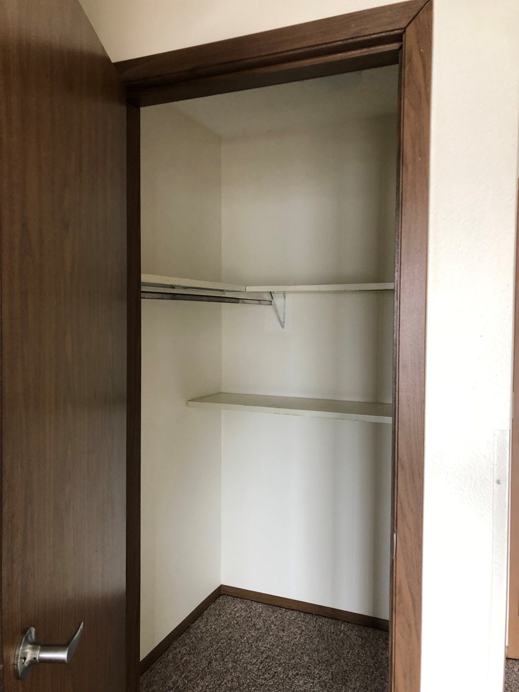 A brown door with a silver handle is open.