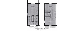 A black and white image of a two bedroom apartment layout.