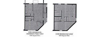 Two floor plans for a one bedroom, barrier-free unit and a one bedroom unit, both measuring 680 square feet.