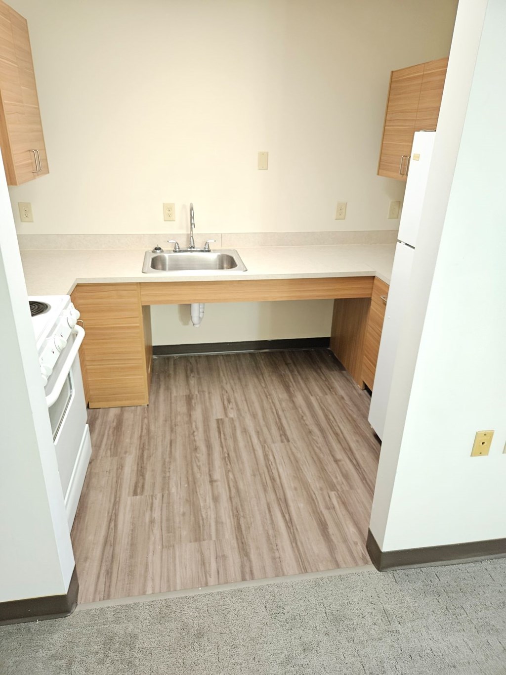 A kitchen with a sink and a refrigerator.