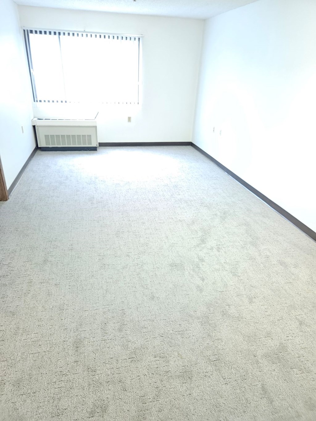 A room with a carpeted floor and a window with blinds.