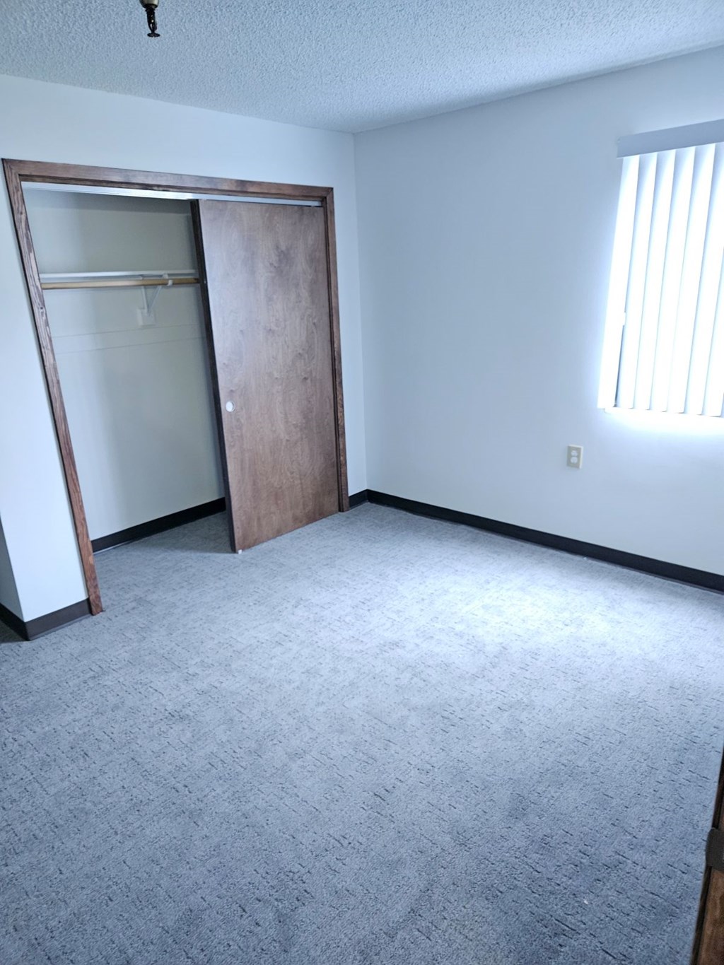 A room with a carpeted floor and a wooden door.