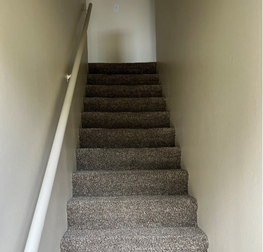 A staircase with a carpeted runner and a white handrail.