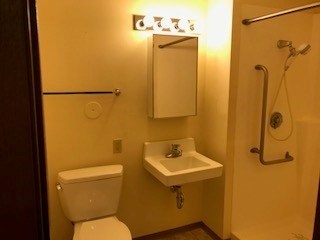 A bathroom with a toilet, sink, mirror, and shower.