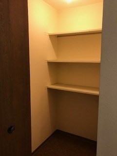 A hallway with a door and a shelf.