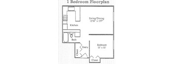 A floor plan of a one bedroom apartment with a living/dining area and a kitchen.