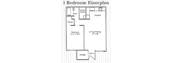 A black and white image of a 1 bedroom floor plan.