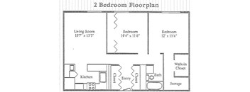 A floor plan of a 2 bedroom apartment with a living room, kitchen, entry, bath, closet, and storage.